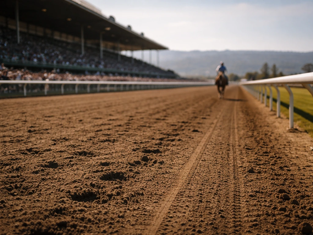 Race-day racetrack scene with a distant, non-identifiable jockey silhouette on the track.