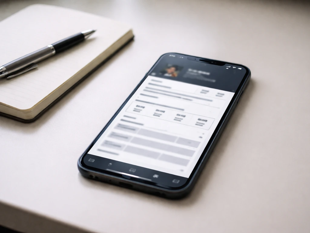 Close-up of a smartphone screen showing a racing statistics profile page style layout, with a notebook beside it.