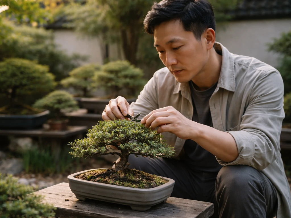 British-Chinese man in a bonsai garden carefully pruning a small bonsai tree