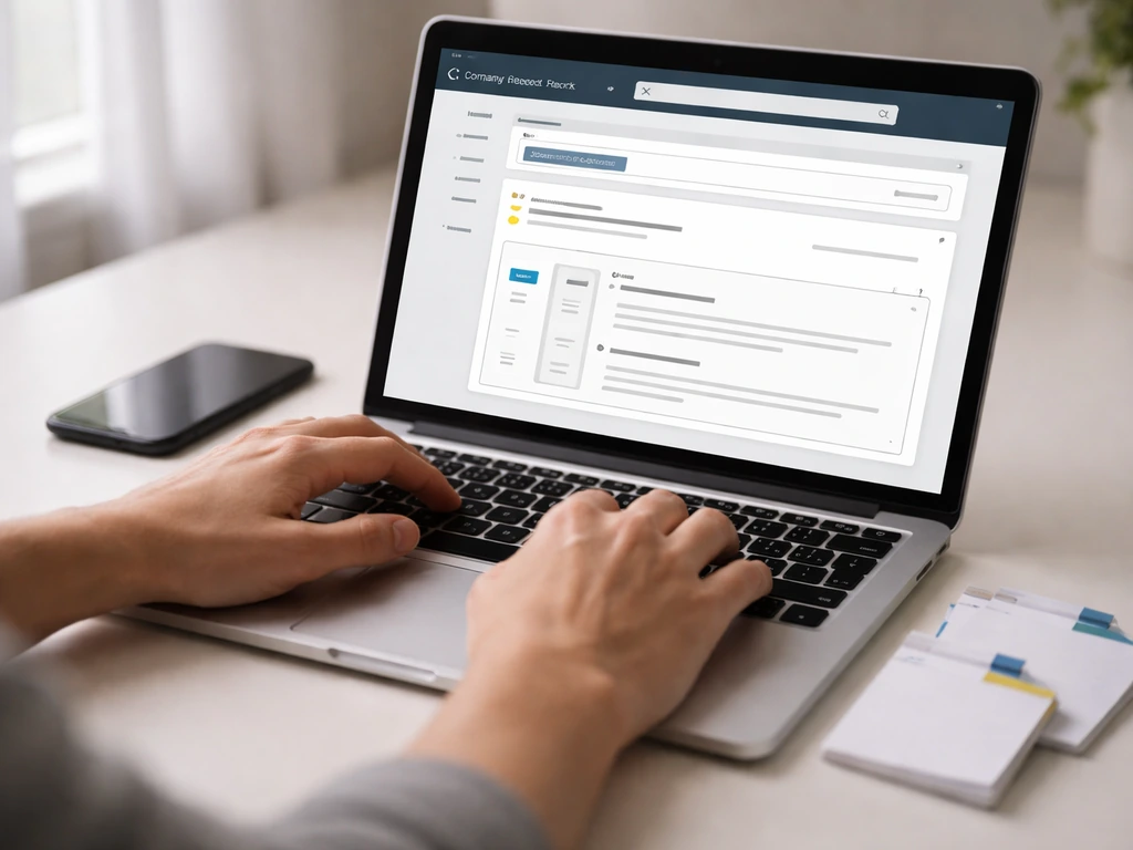 Hands reviewing a laptop with a generic company records interface and blank filed-record badges.