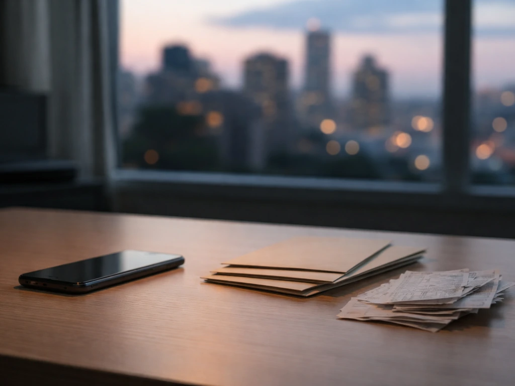 Minimal office desk with scattered envelopes and a smartphone beside a blurred city skyline, symbolizing differing money