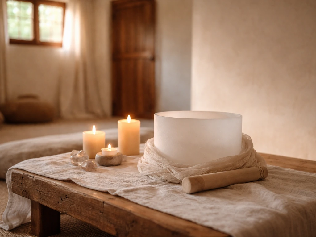 Calm wellness healing room with soft light and a bowl beside candles on a simple table
