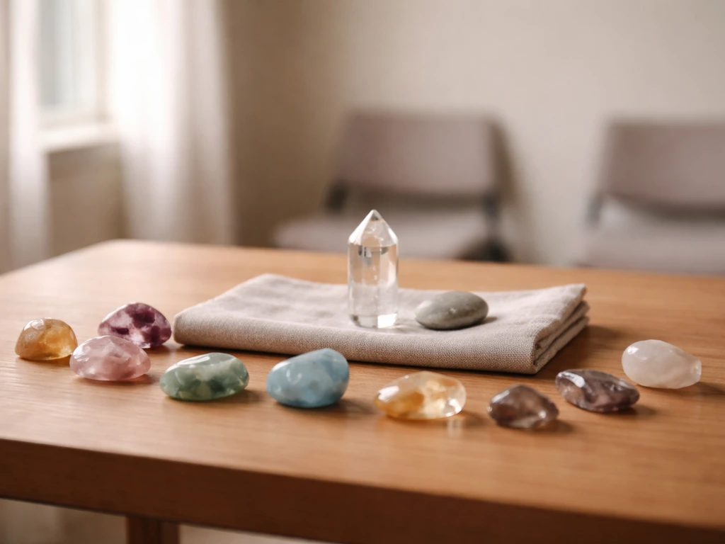 Minimal crystal healing workshop table with neatly arranged stones in natural window light.