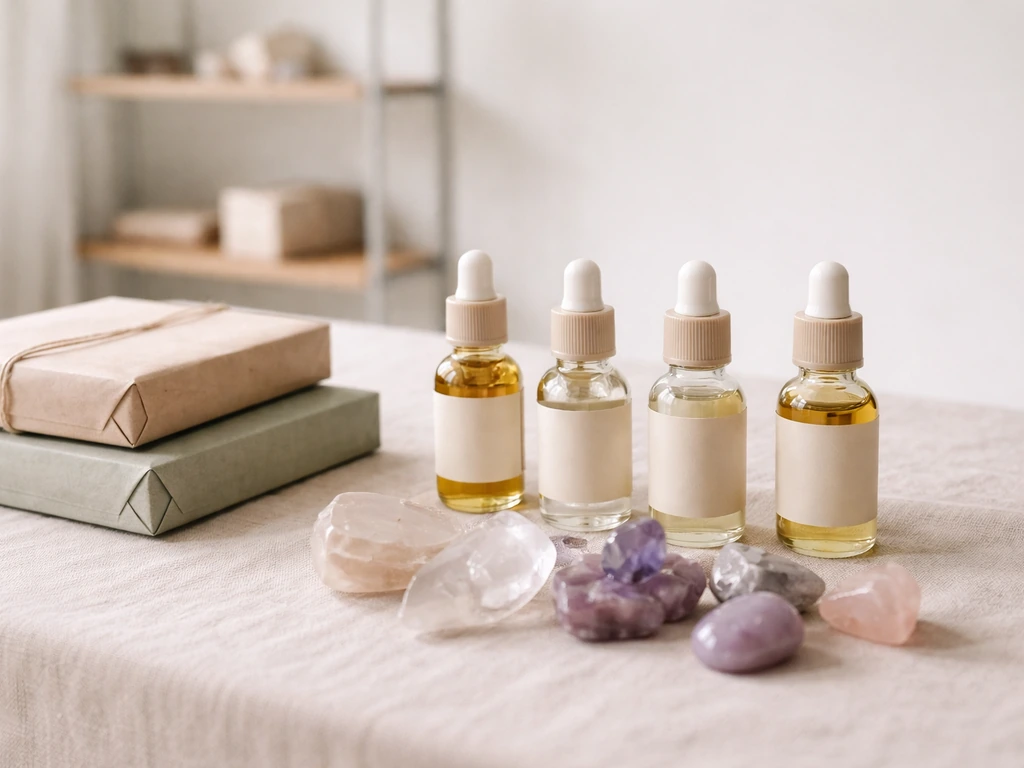 Packaged wellness merchandise—labeled oil bottles and crystals—on a simple table in soft natural light.