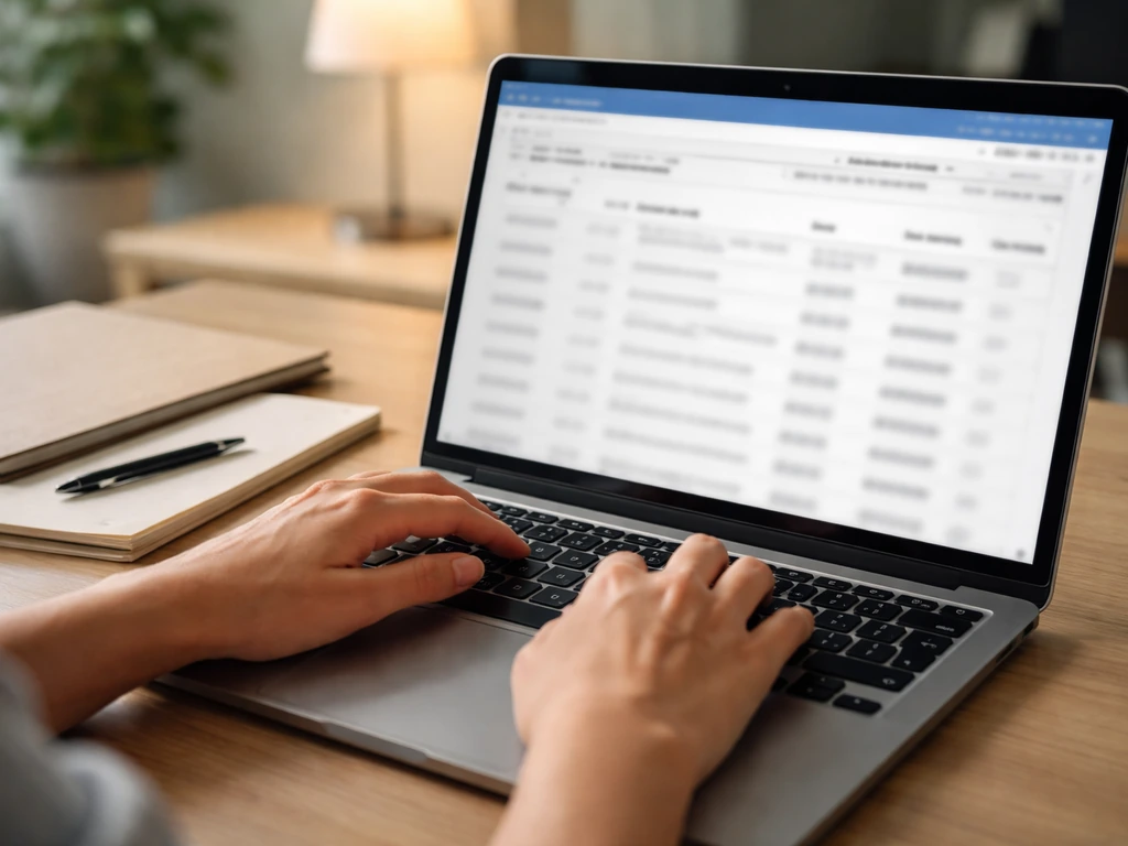 Close-up of hands using a laptop to review Spanish business registry-style documents for financial verification.