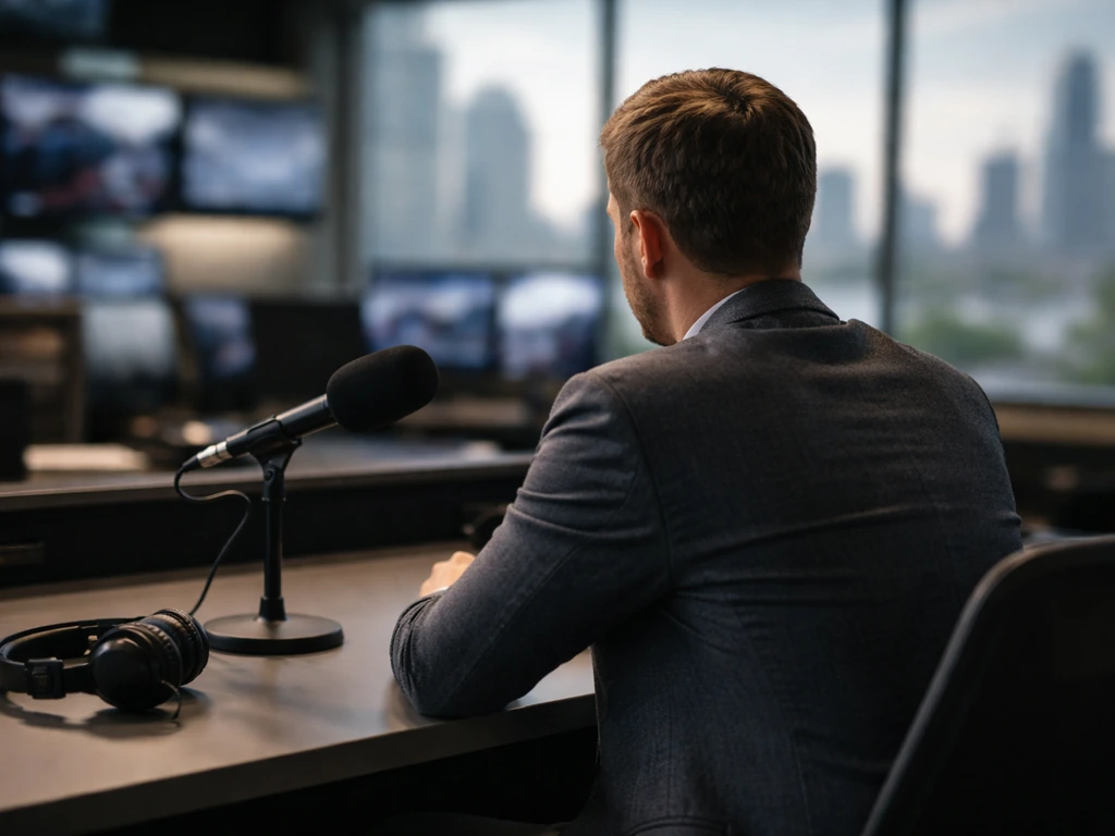 Anonymous executive at a broadcasting desk with a microphone and headset in a modern city newsroom setting.