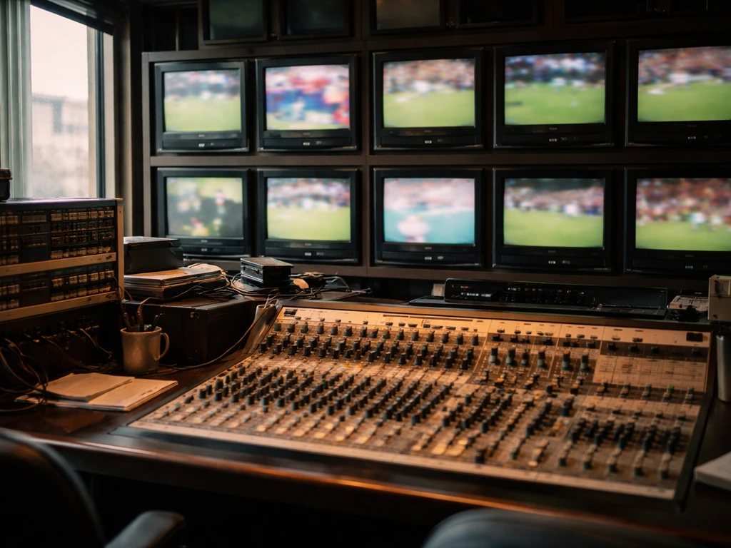 Retro ESPN-era broadcast control room with monitors, audio panel, and cables in natural light