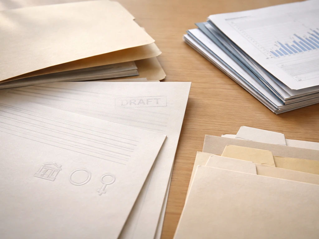 Minimal tabletop collage of anonymous financial documents and blank-tab callouts, symbol hints for earnings and assets.