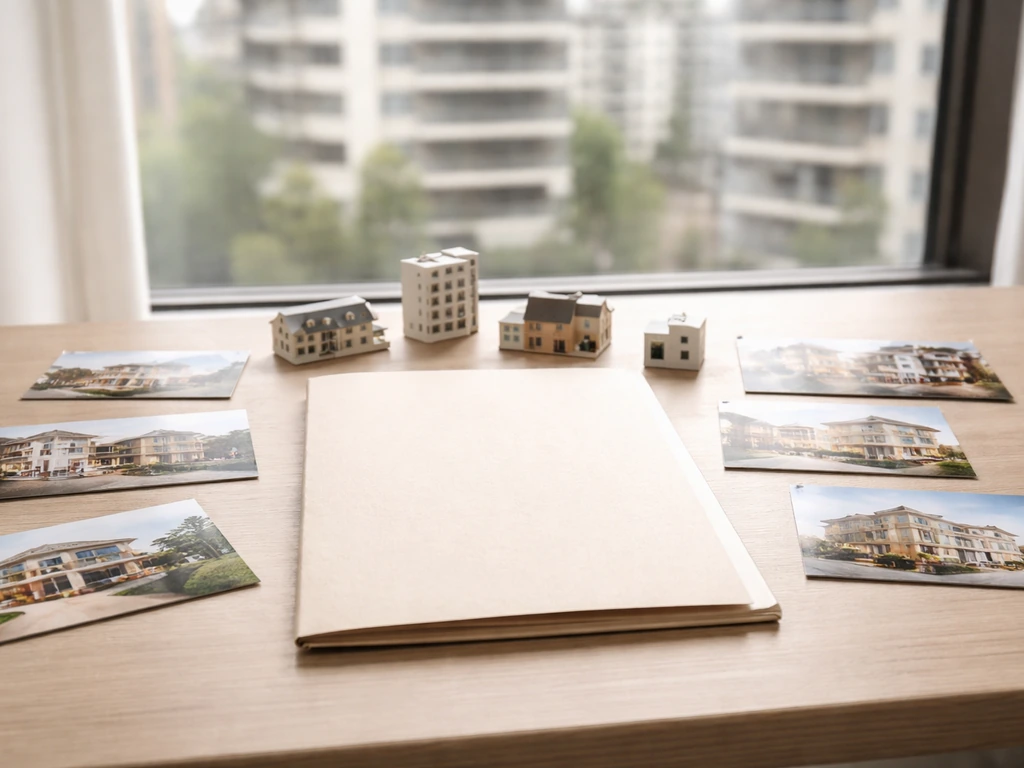 Minimal photo of a real-estate portfolio scene with building facades and property placards on a desk