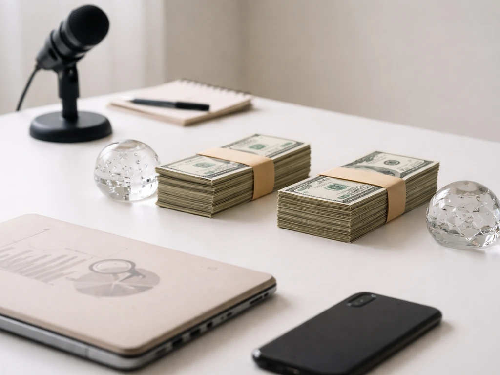 Two mismatched currency stacks and office gear on a desk, symbolizing different reported wealth figures.