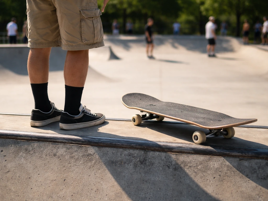 Skate park scene with an empty session area and a skateboard on the ground, symbolizing a pro skater’s public profile.
