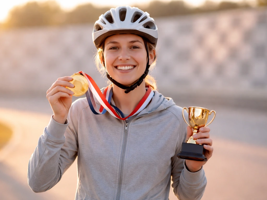 Athlete holds a gold medal and trophy with an abstract check-pattern prize backdrop behind them.