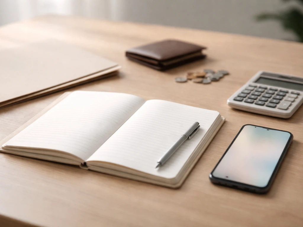 Minimal desk scene with an open notebook, calculator, and coins suggesting money and financial estimation.