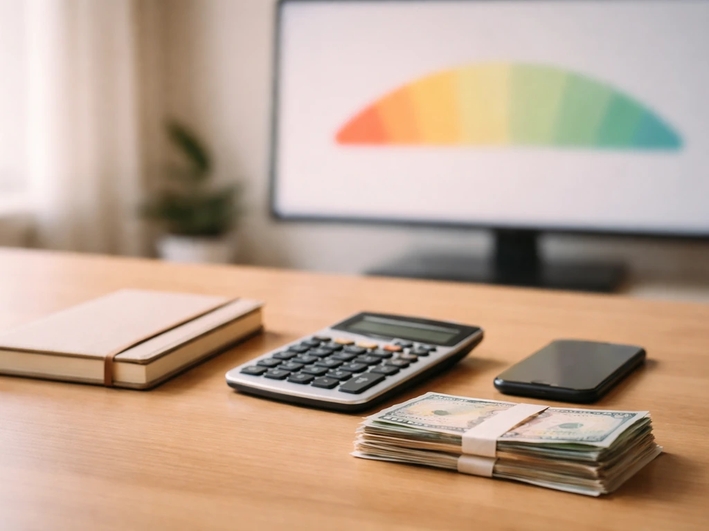 Minimal photo of a desk with a calculator, cash, and a softly blurred range-like confidence scale in the background
