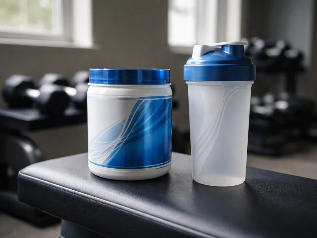 Evogen-style supplement canister and shaker bottle on a gym bench in natural light.