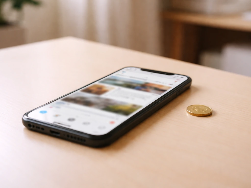 Close-up of a smartphone showing a blurred social media interface with a gold coin on a desk