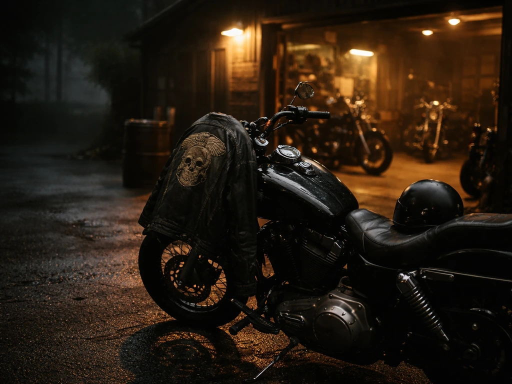 Moody night shot of a black motorcycle and leather jacket outside a dim garage.