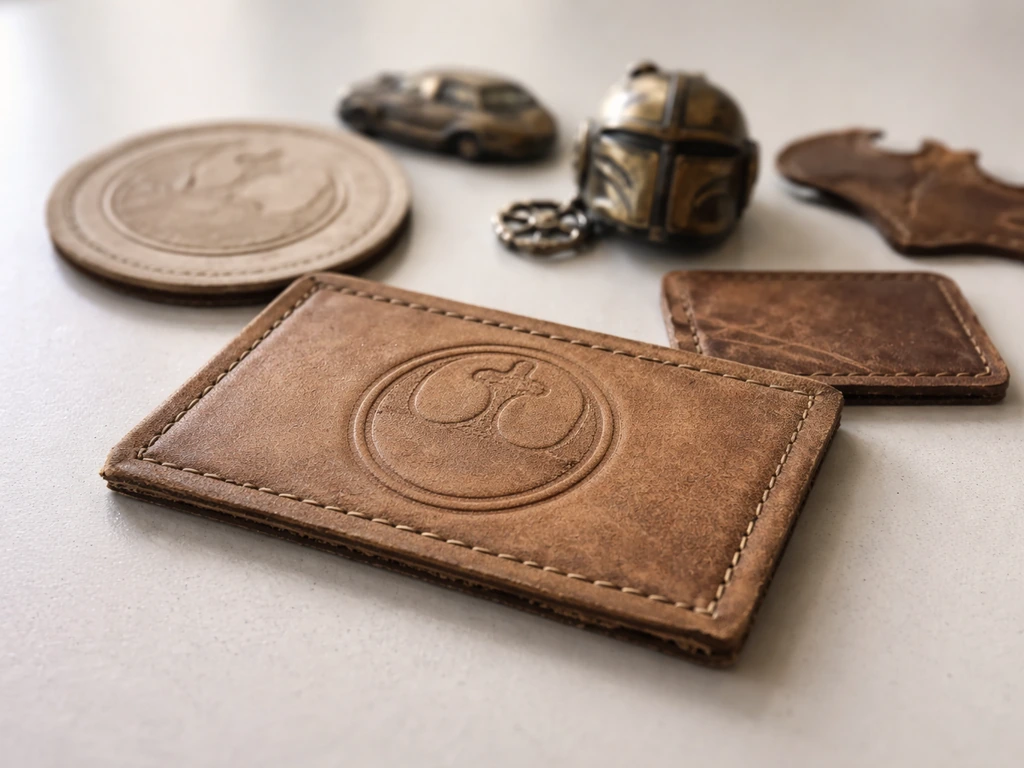 Closeup of stitched leather patches and small collectibles on a studio tabletop, brand-like style without readable text.