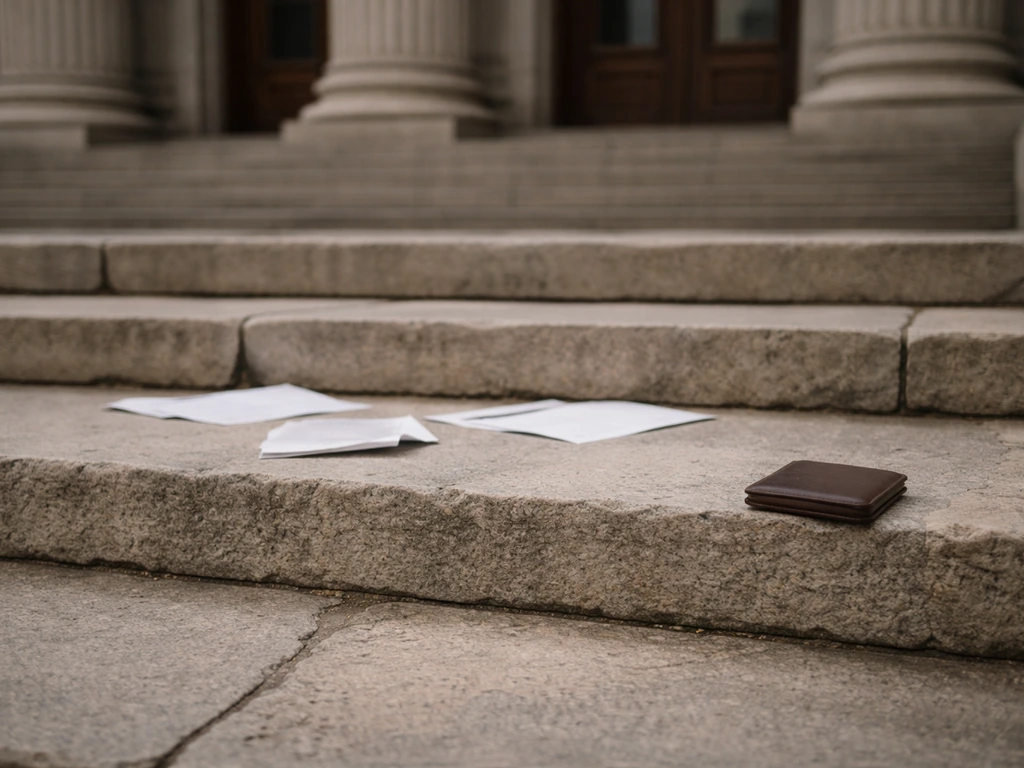Courthouse steps with scattered legal documents and a closed wallet, symbolizing legal and incarceration-related financi