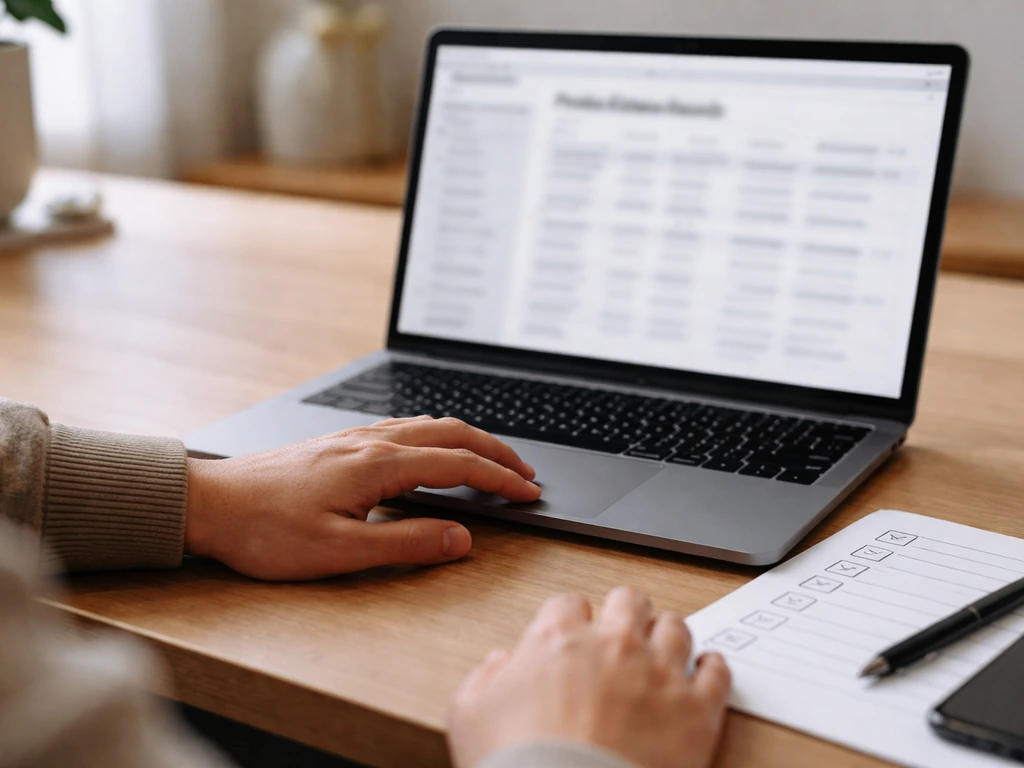Laptop showing a blurred probate record interface with a blank checklist and phone on a desk.