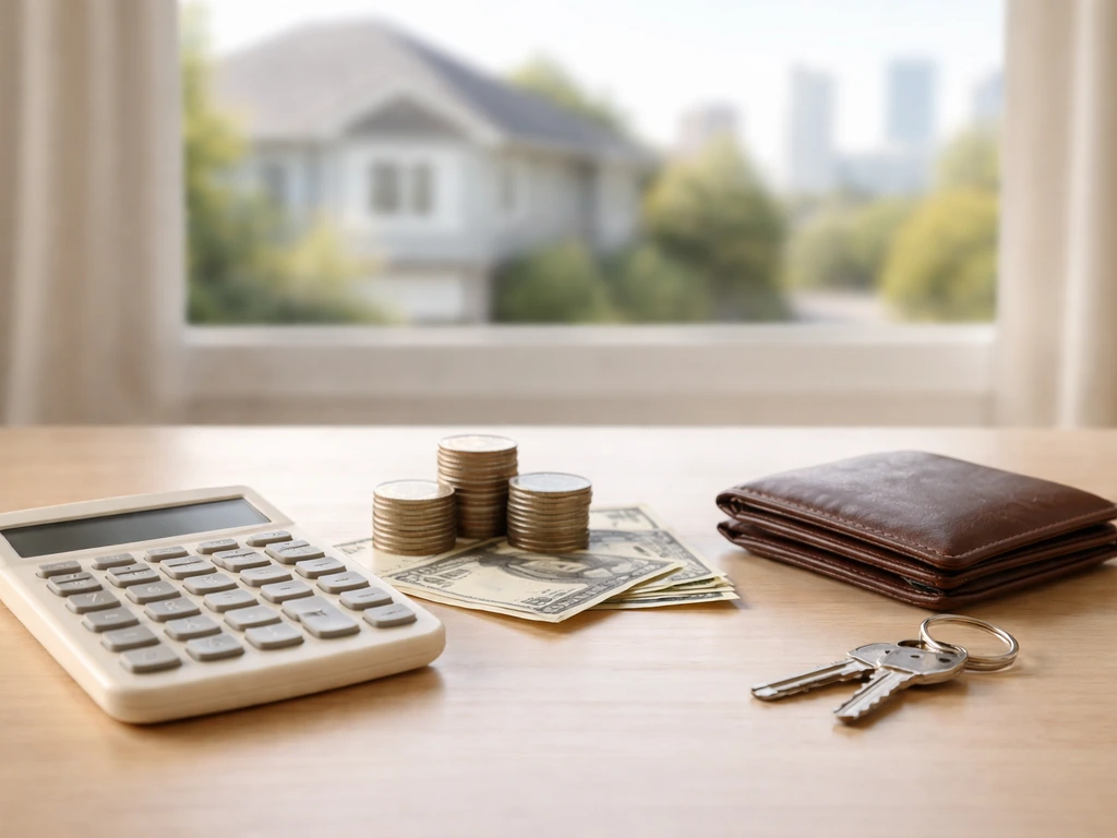 Calculator and neatly placed money items on a desk symbolizing assets minus liabilities concept.