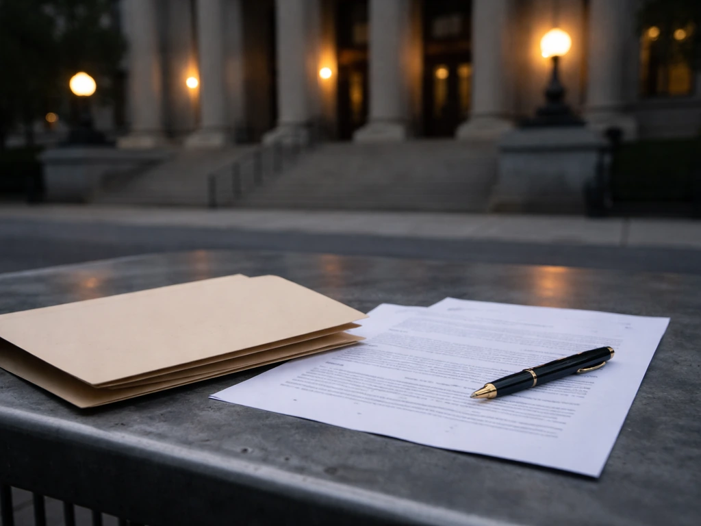 Manila folder and legal document on a table in front of a courthouse, implying a bankruptcy filing moment.