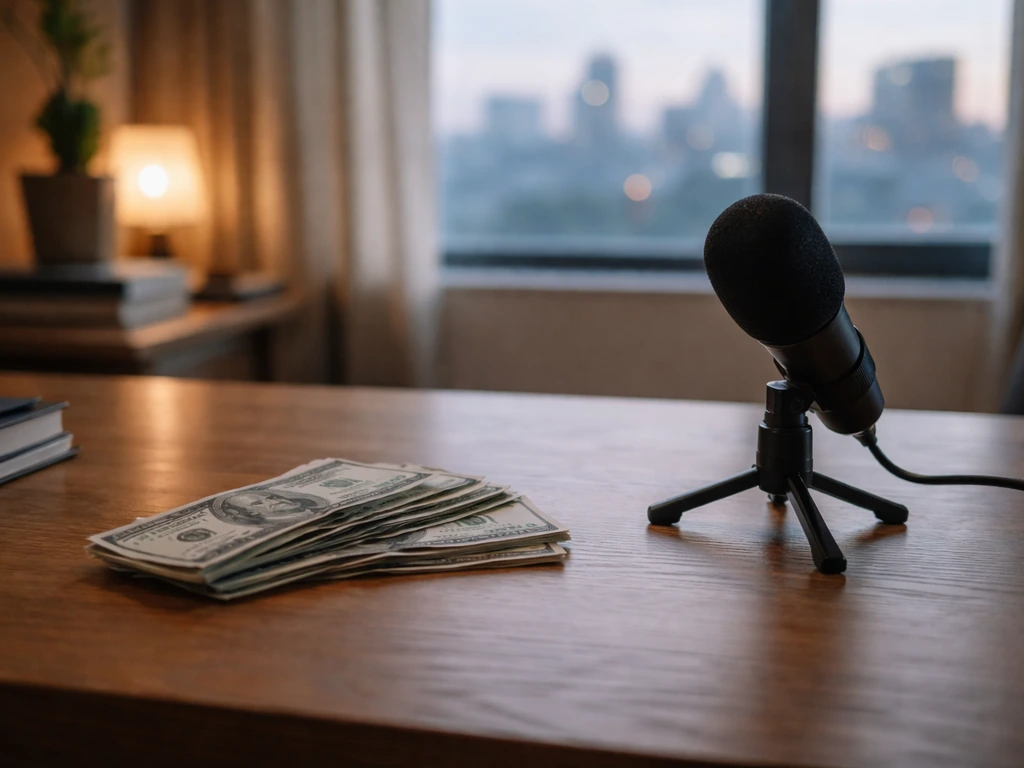 Minimal photo of a desk with scattered cash and a studio microphone, symbolizing an unverified net worth estimate range.