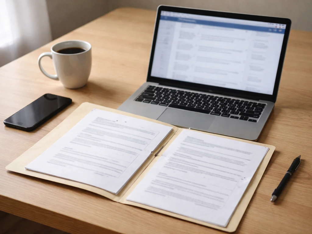 Minimal desk scene with an open folder of nonprofit records and a laptop showing blurred listings, symbolizing verifiabl