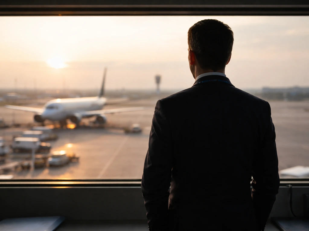 Anonymous airline operations executive overlooking an airport tarmac at golden hour, hinting at JetBlue-style leadership