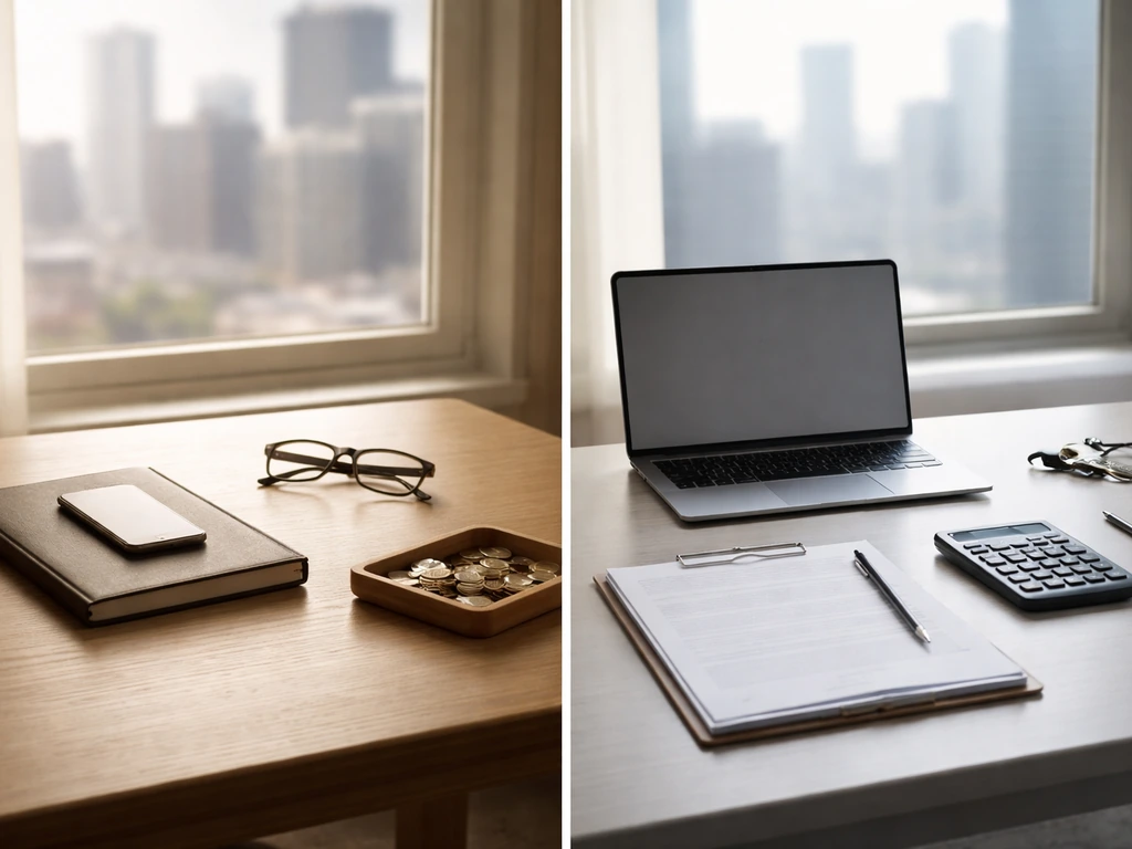 Minimal two-desk scene with money and media analysis cues, split panels implying differing net worth methods.