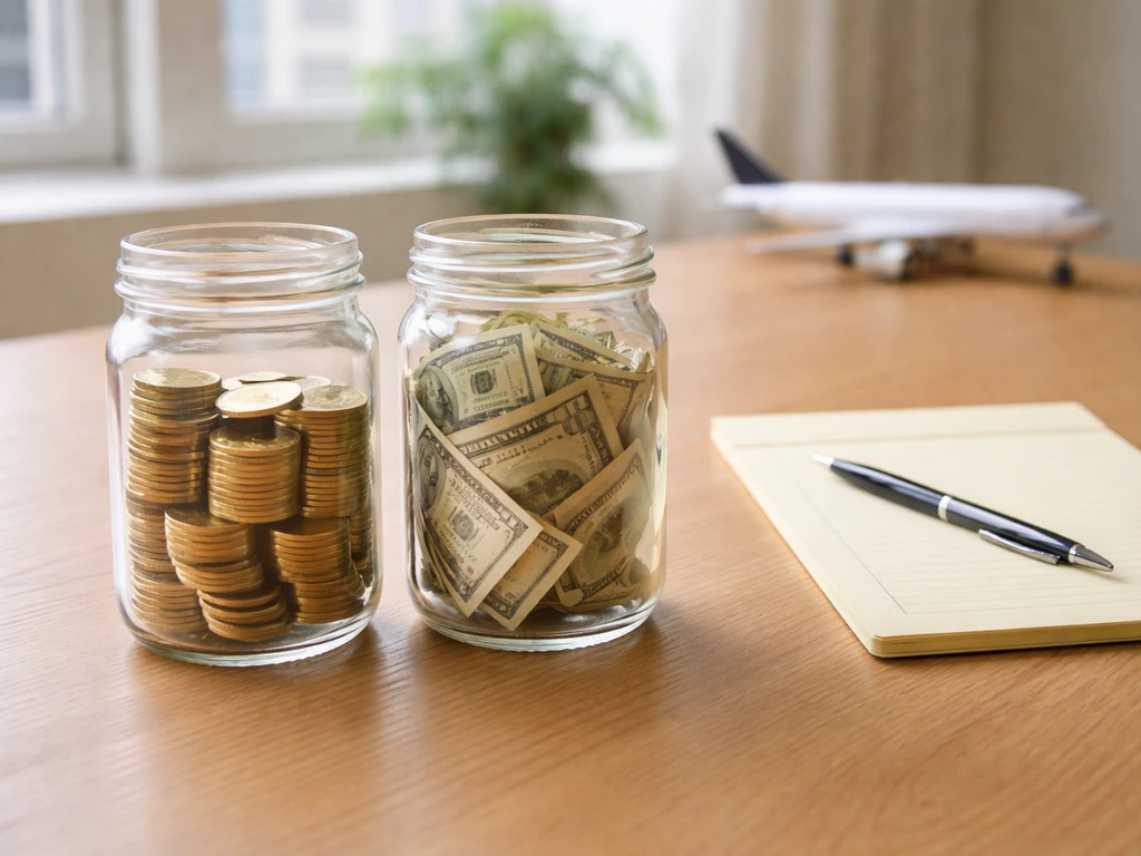 Minimal office desk with two jars—gold coins and cash bills—plus a small airplane model by a window.