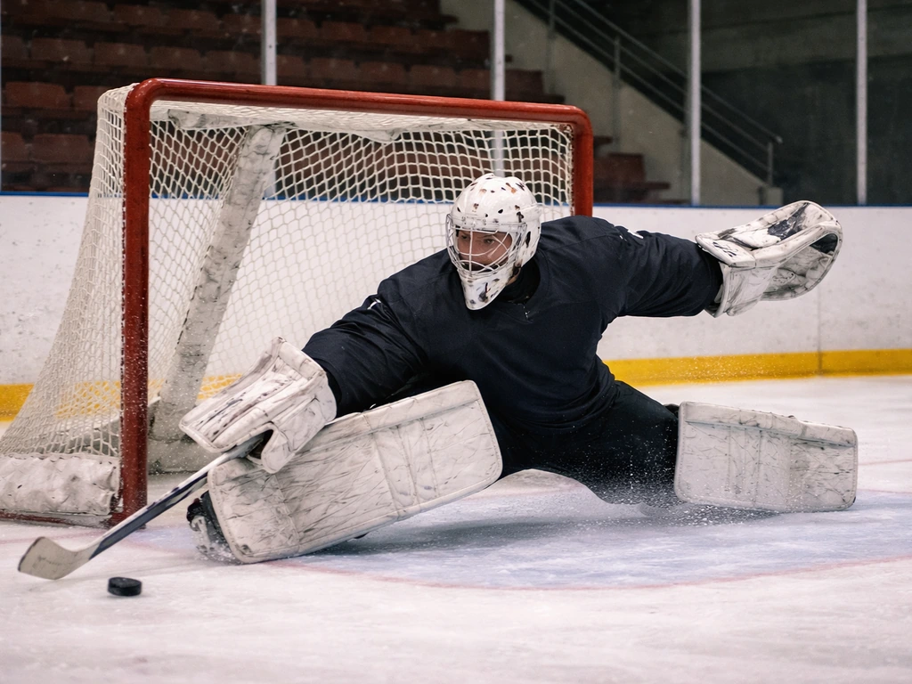 An anonymous hockey goalie makes a save on the ice with soft-focus rink background.