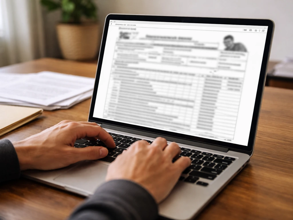 Person researching nonprofit filings on a laptop with a generic money-related screen glow.