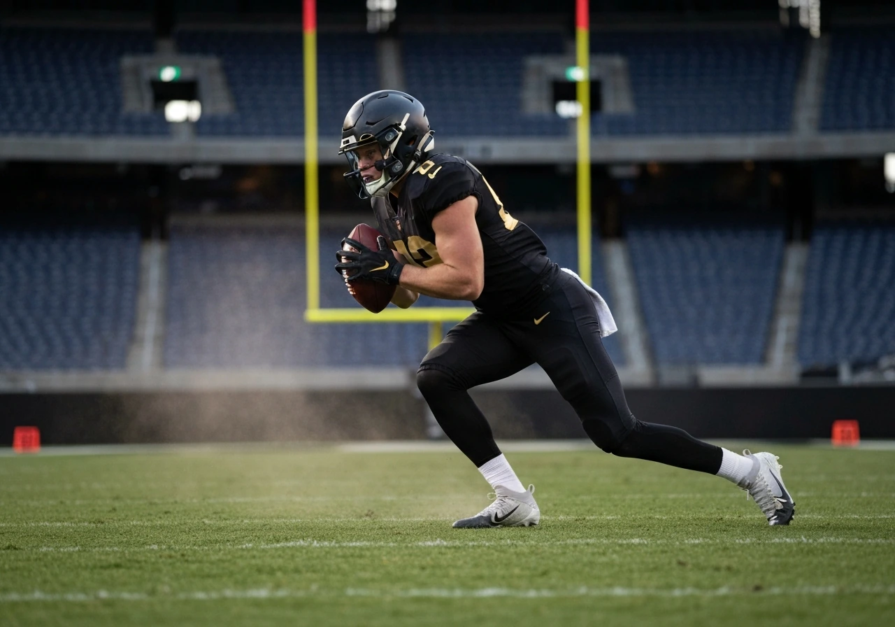 Anonymous NFL linebacker in black-and-gold Steelers-style uniform making a pass-rush move on a stadium field.