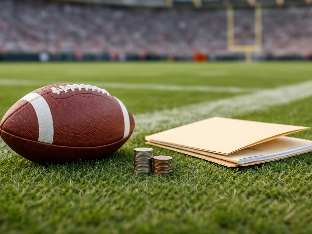 NFL game field background with a football, coin stack, and contract-like folder symbolizing earnings inputs.