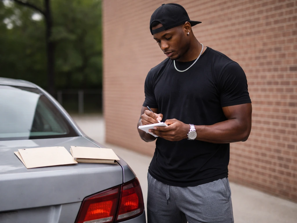 Anonymous athlete outside holding a notepad beside blank folders, signaling evidence vs. uncertainty.