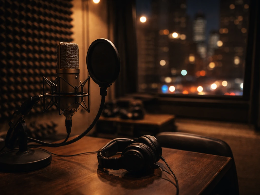 Empty hip-hop radio studio in New York with vintage microphone and warm neon glow
