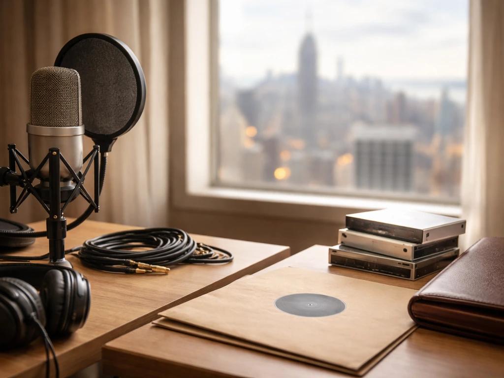 NYC skyline above a radio booth desk with vintage mic and audio gear, symbolizing long-term radio income