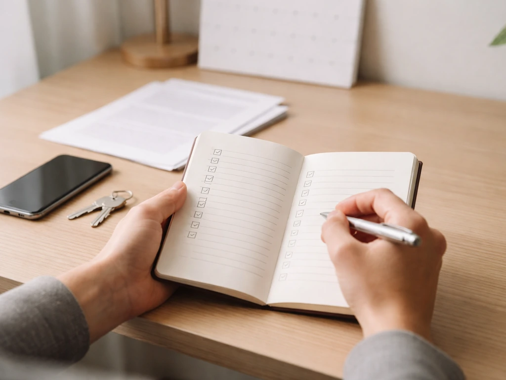 Minimal desk scene with a notebook, smartphone, and keys symbolizing verifying financial and public records.