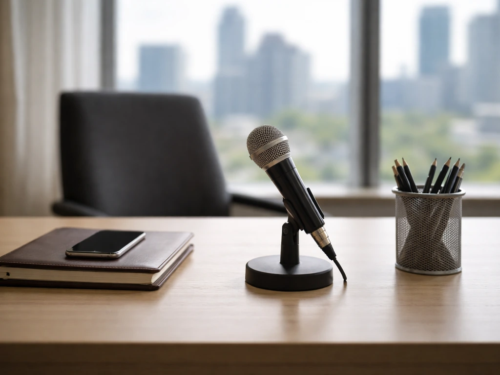 Minimal office scene with a professional business desk and a microphone, symbolizing media and business leadership.
