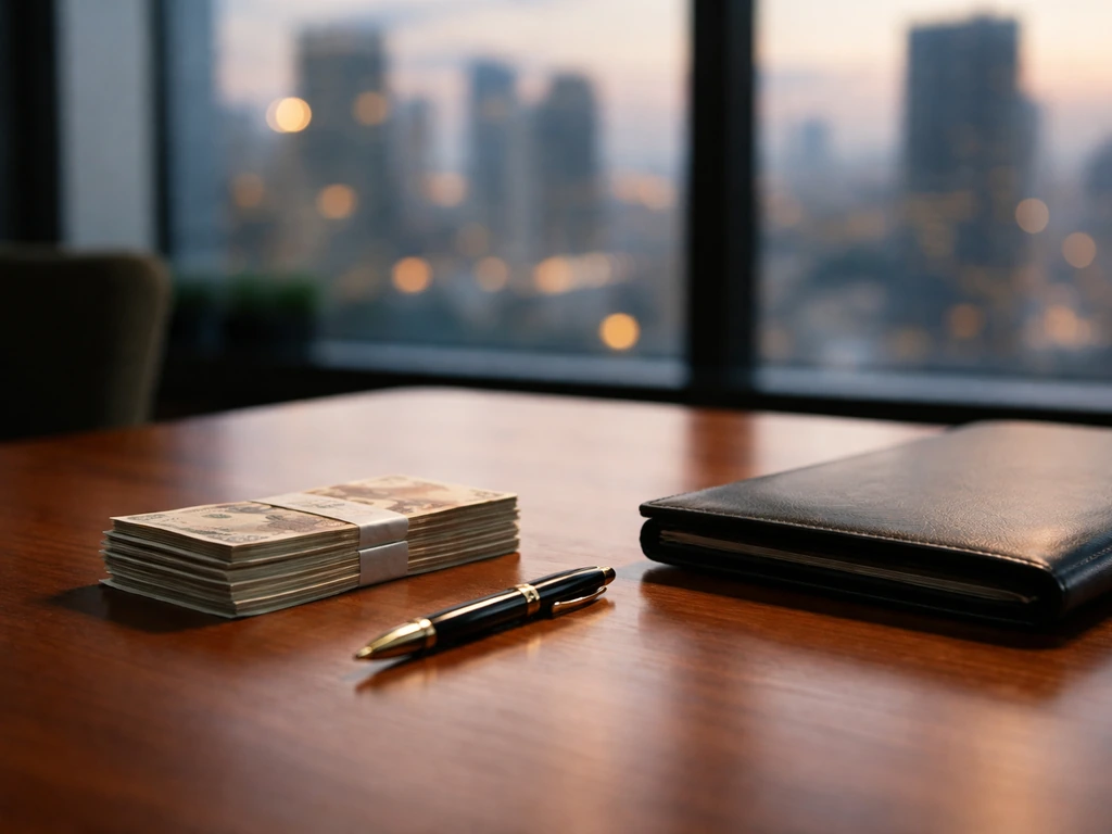 Minimal desk scene with a small stack of cash, a pen, and a blurred city skyline symbolizing wealth estimate drivers.
