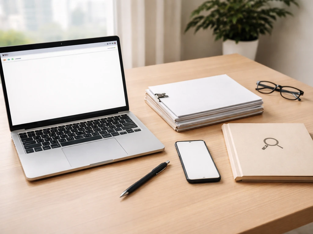 Minimal desk scene with laptop and stacked documents suggesting a source-verification workflow.