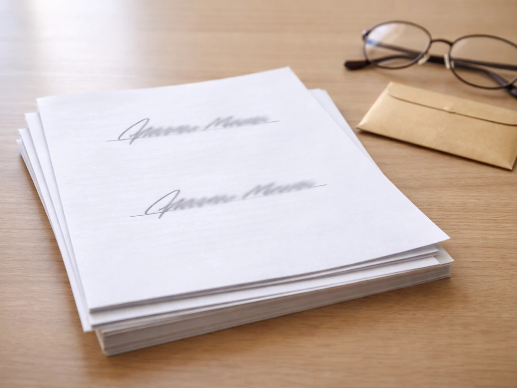 Two similar documents on a desk with blurred handwriting variants suggesting identity confirmation