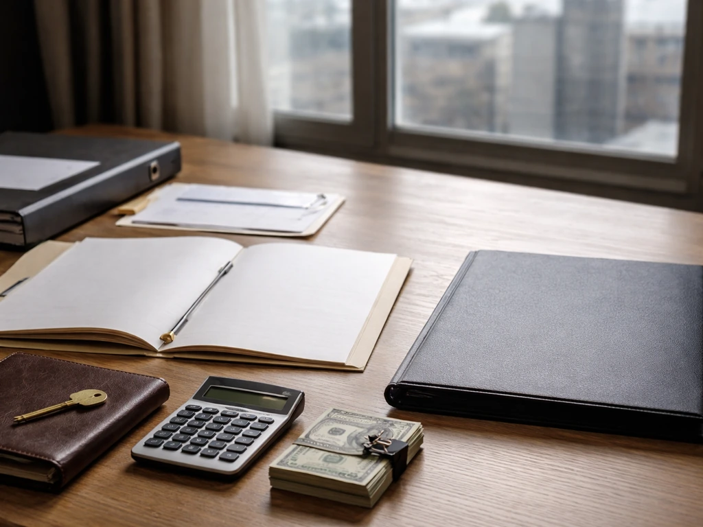 Minimal desk scene showing money and documents with an out-of-focus factory, symbolizing assets vs liabilities.