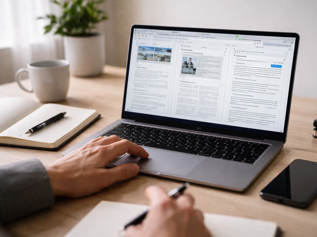 Person working at a desk with open laptop tabs for company website and press news verification