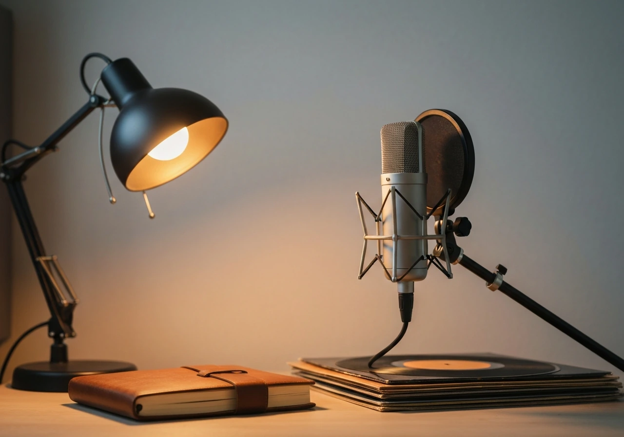 Music songwriter vibe: vintage studio microphone beside a notebook and vinyl records in soft light