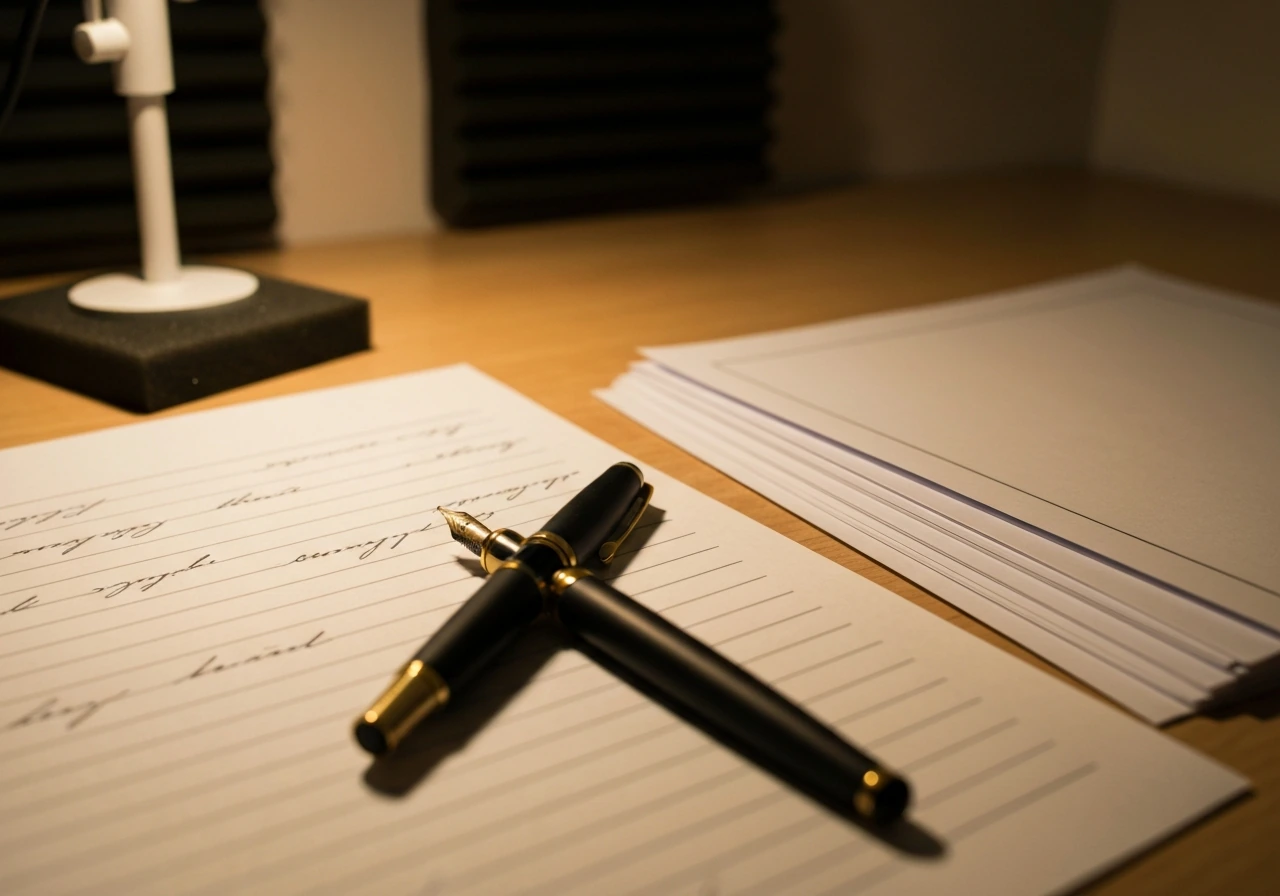 Close-up of a music publishing-themed desk scene with a pen, open notebook, and muted royalty paperwork
