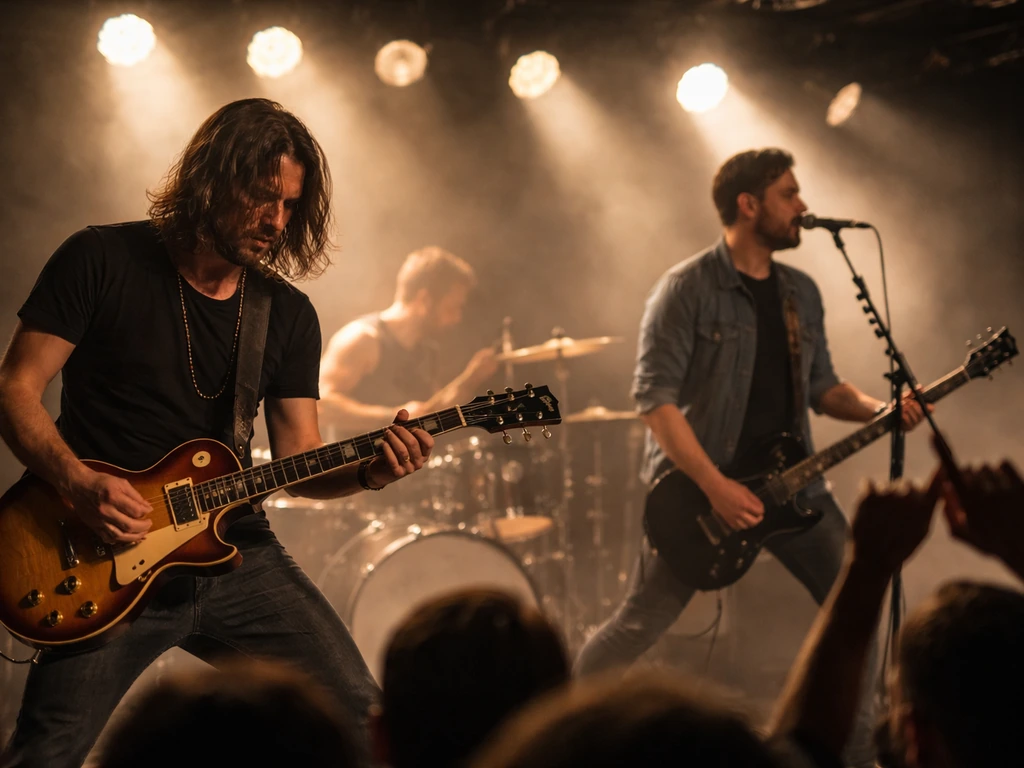 Rock band performing live on a small stage with guitars and drums, audience visible in a dim venue
