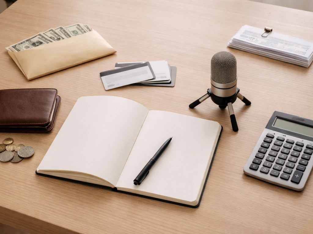 Minimal desk scene with calculator, microphone, cash, coins, and cards suggesting assets minus liabilities