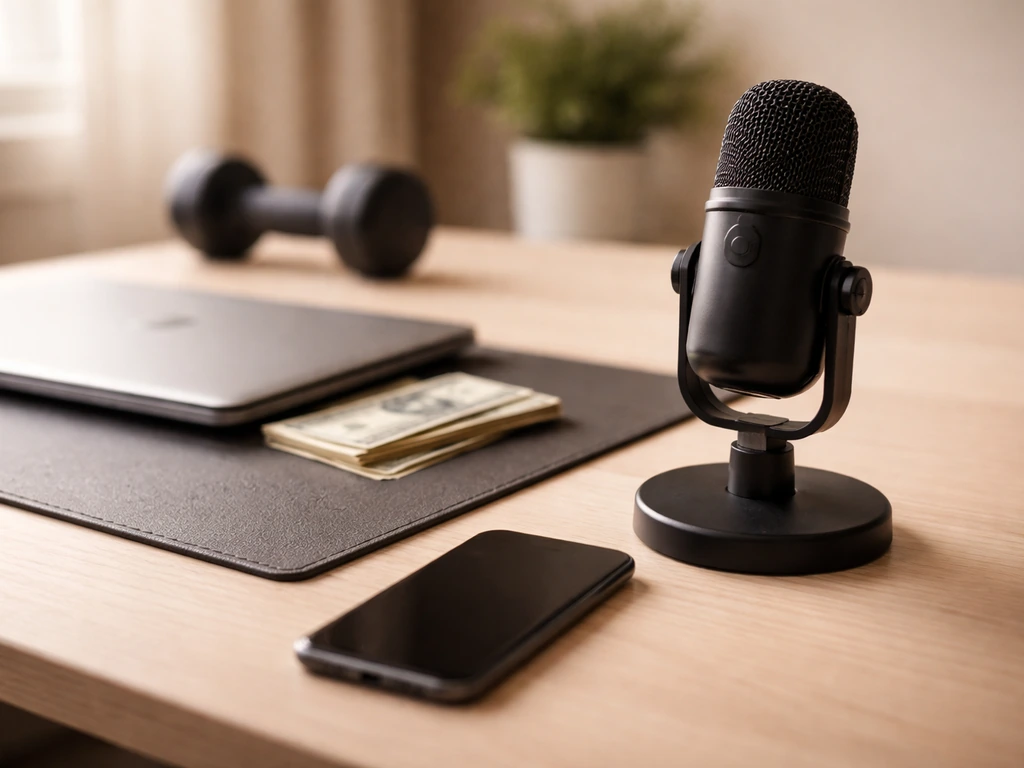 Unbranded podcast microphone, smartphone, and a small stack of banknotes on a tidy desk with a dumbbell in blur